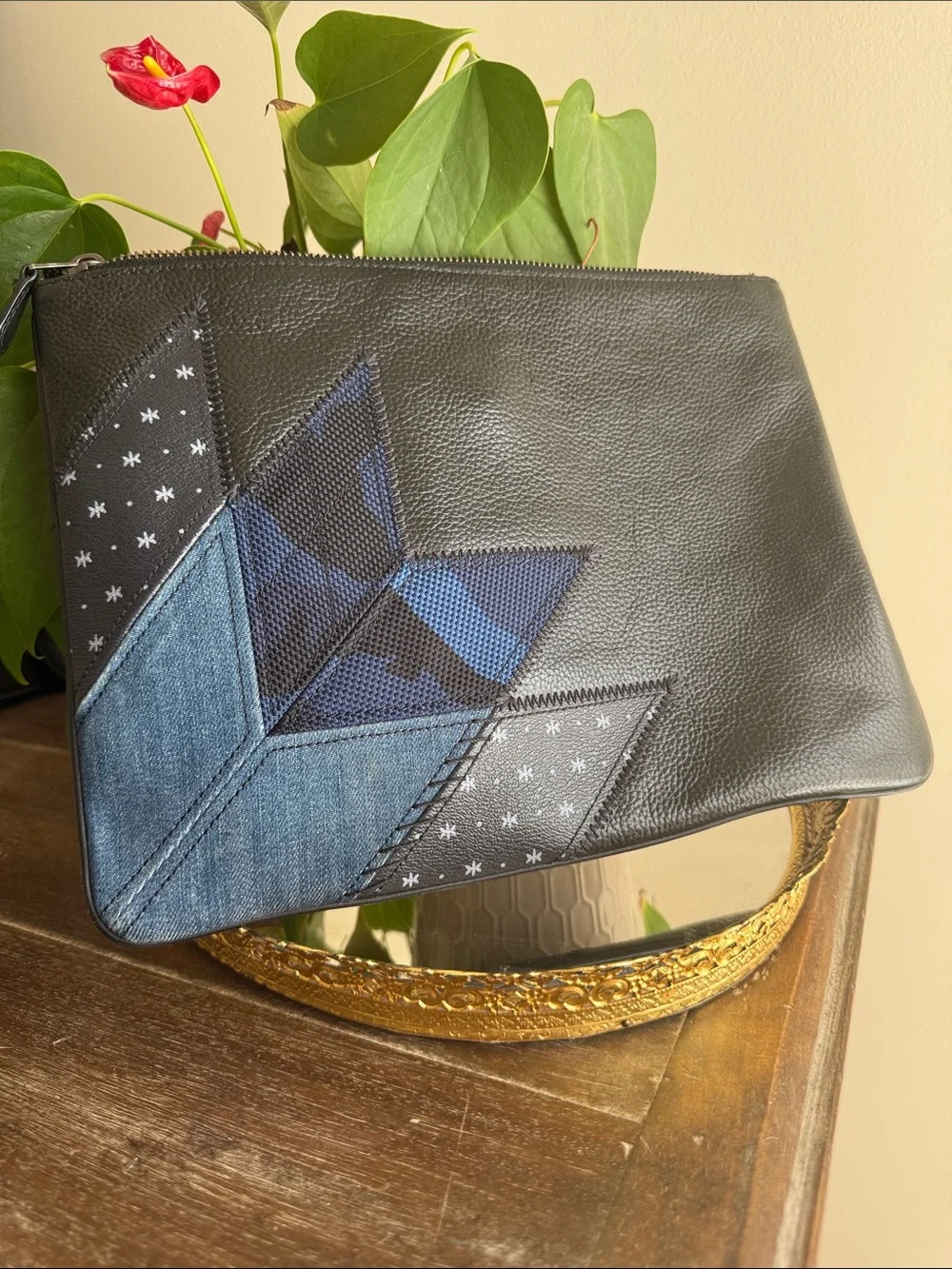 Coach Denim Patchwork Black Leather Clutch Large 2018
